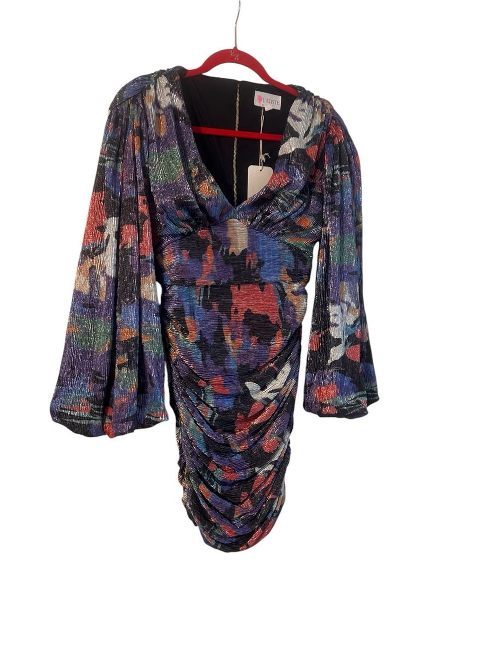 NWT L'Atiste by Amy multicolor foiled metallic baloon sleeves mini dress Size S